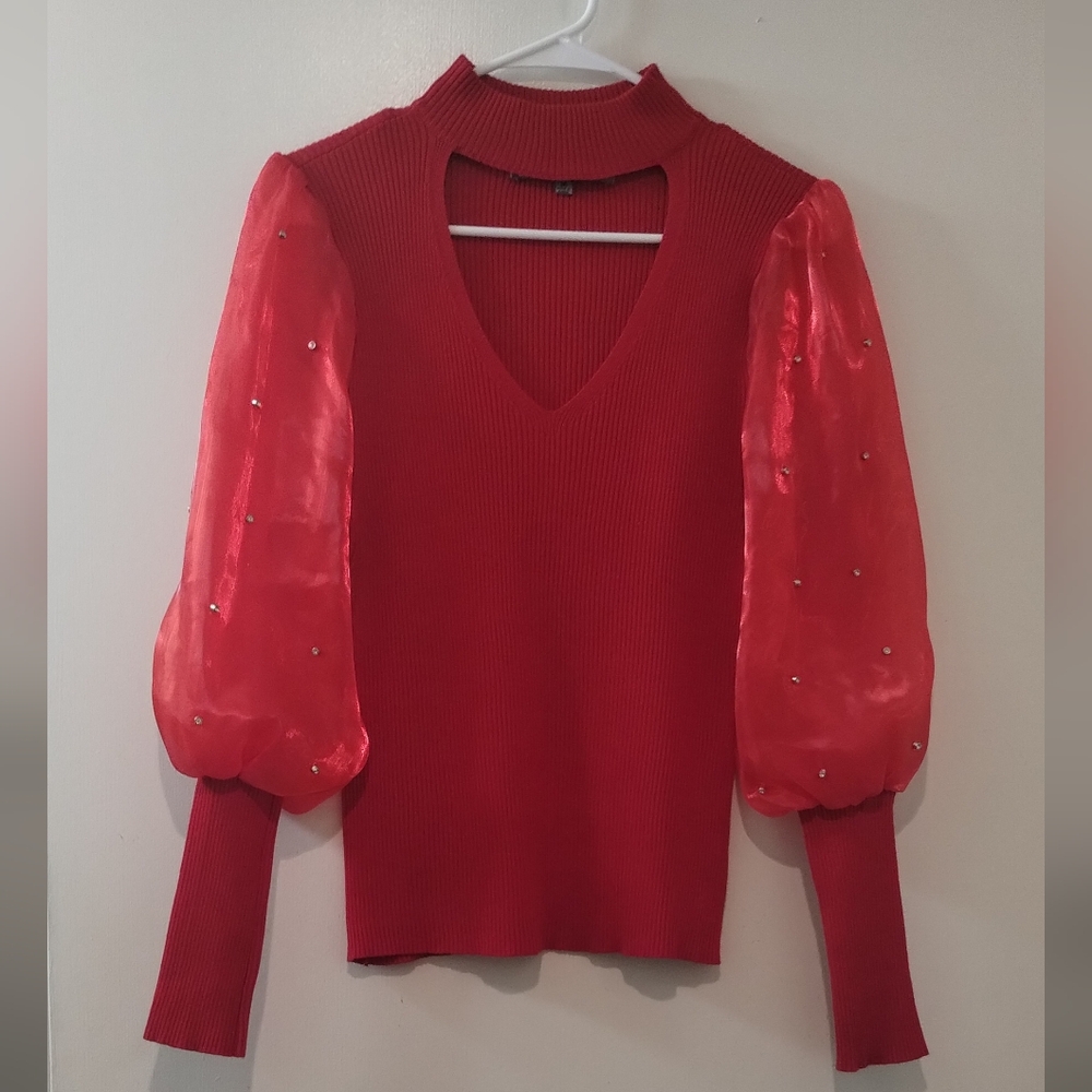 Red Top with Sheer Sleeves size M